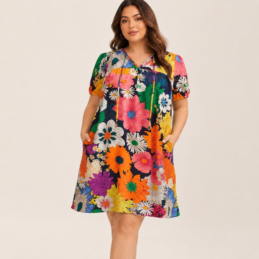 BloomChic Floral Tie Neck Babydoll Mini Dress Plus Size 14-16 Multicolor New